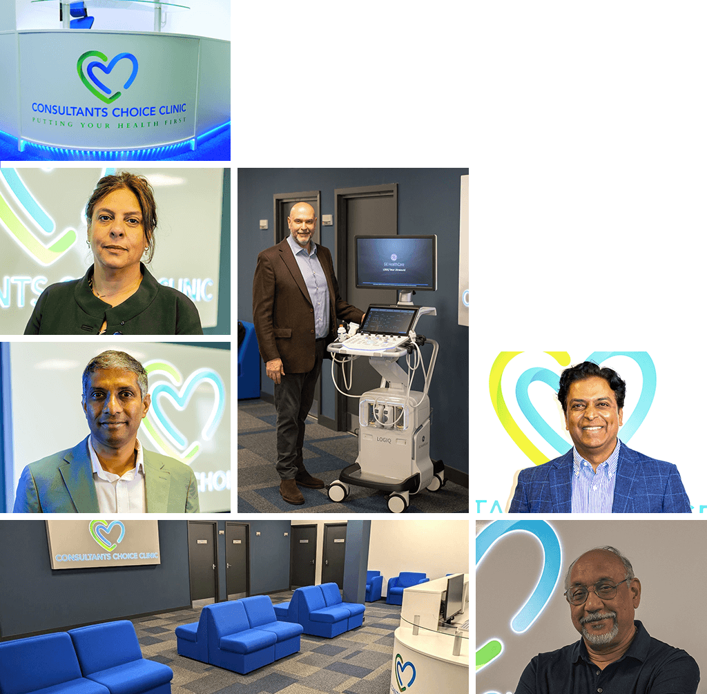 A collage of pictures of Consultants and the lobby of consultants choice clinic a private clinic in UK