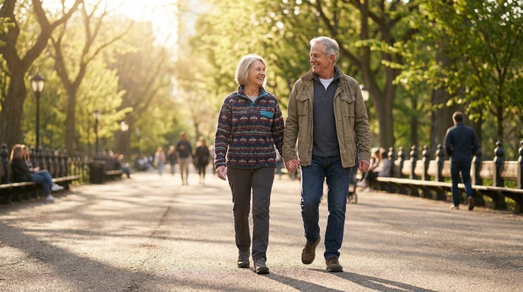 Smiling older couple holding hands and walking together along a sunny tree-lined park path