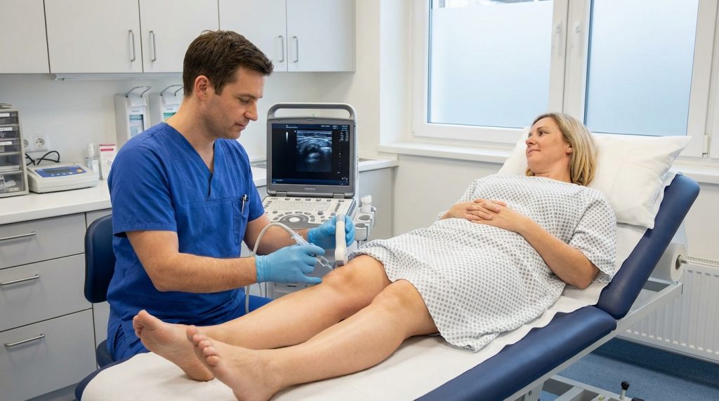 Doctor in blue scrubs performing an ultrasound scan on a female patient's knee while she lies on a clinical examination table
