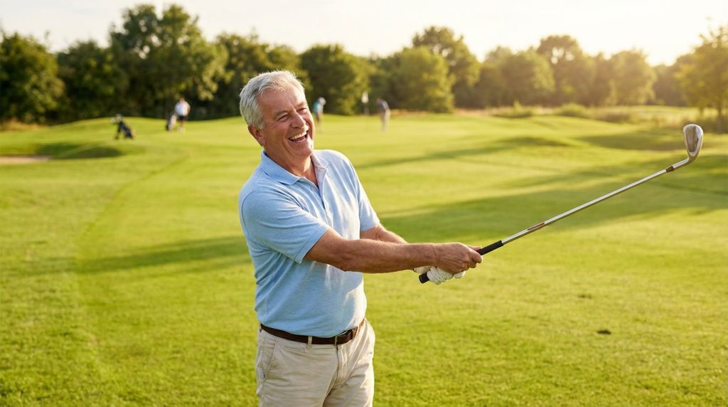 Cheerful older man laughing and holding a golf club after a swing on a sunny green golf course
