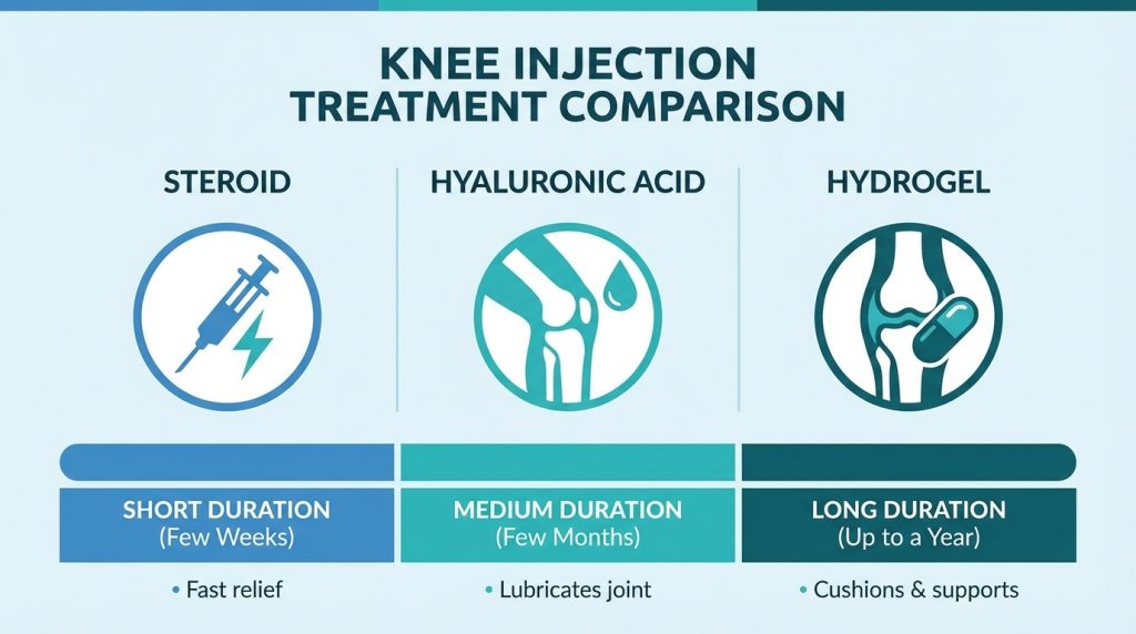Infographic comparing three knee injection treatments: Steroid for short duration fast relief, Hyaluronic Acid for medium duration joint lubrication, and Hydrogel for long duration cushioning up to a year