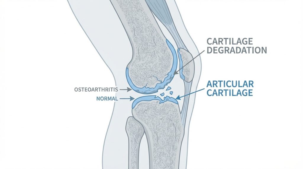 Medical diagram of a knee joint showing the difference between normal articular cartilage and osteoarthritis cartilage degradation