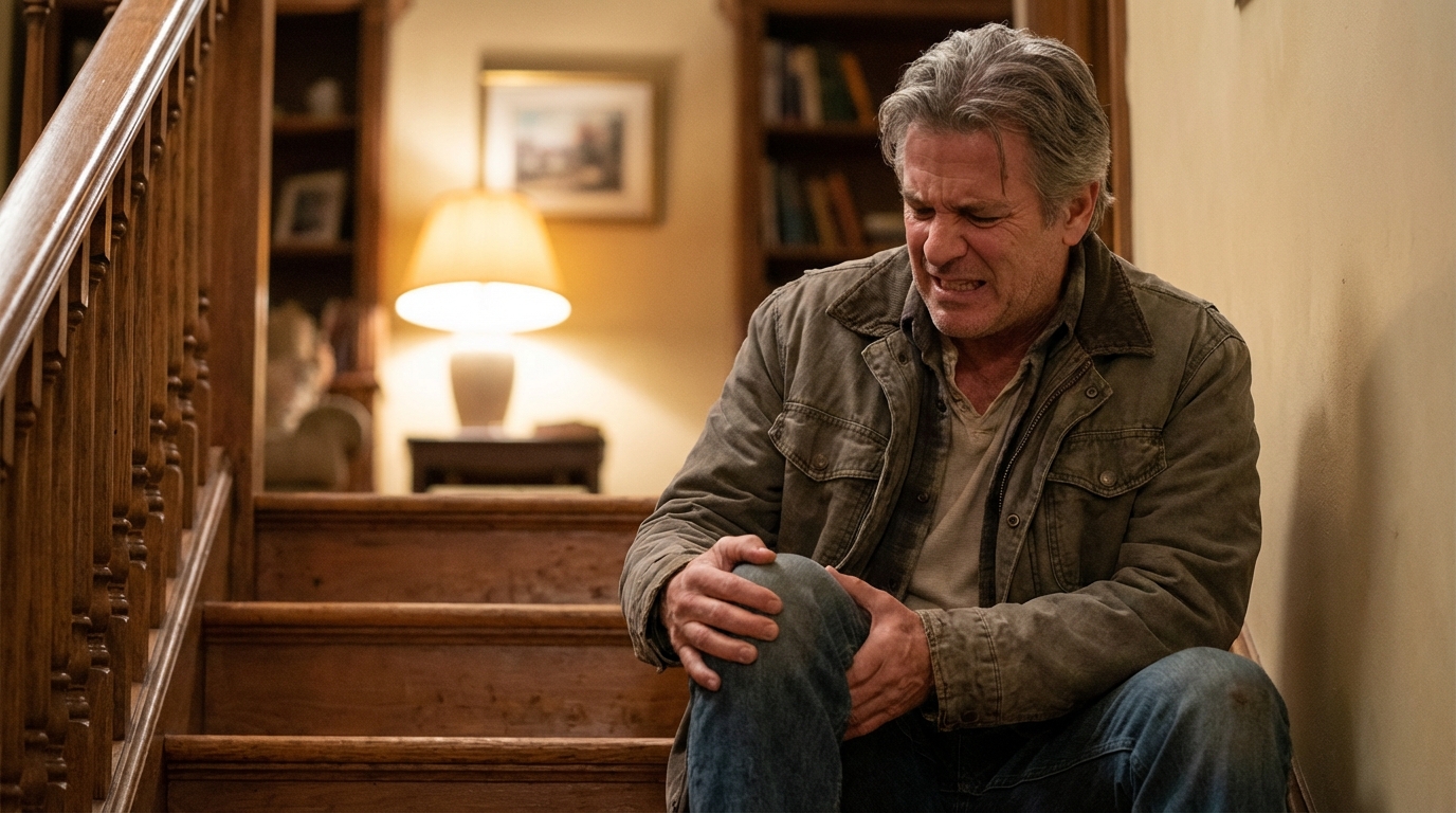 Middle-aged man sitting on indoor wooden staircase clutching his knee in pain, wearing a khaki jacket and jeans
