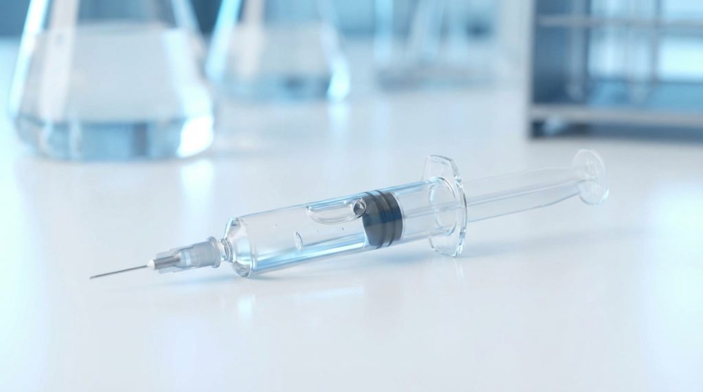 Clear medical syringe filled with transparent blue liquid resting on a white surface in a clinical laboratory setting