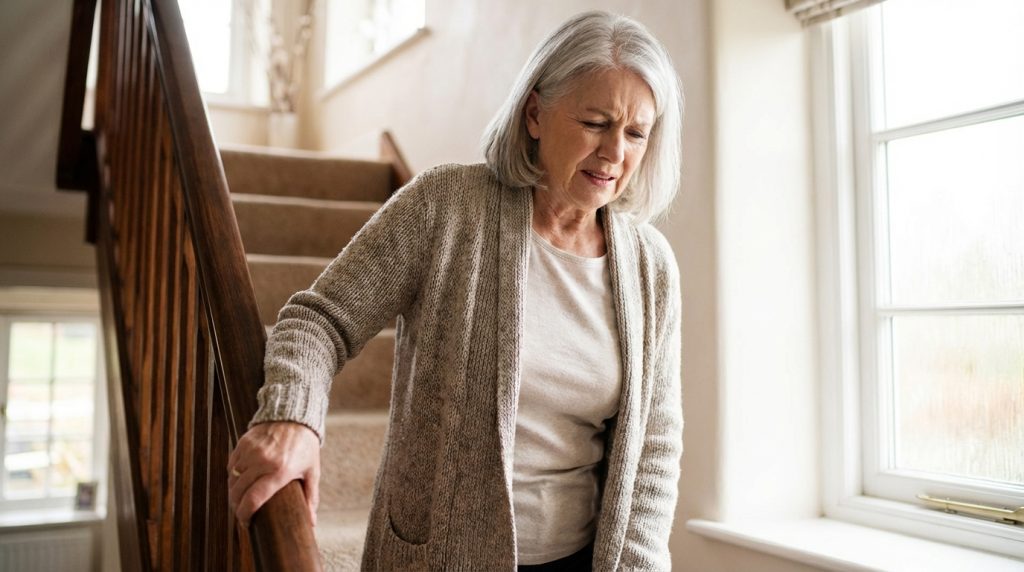 Elderly woman grimacing while gripping a stair banister for support, struggling to walk down carpeted home staircase