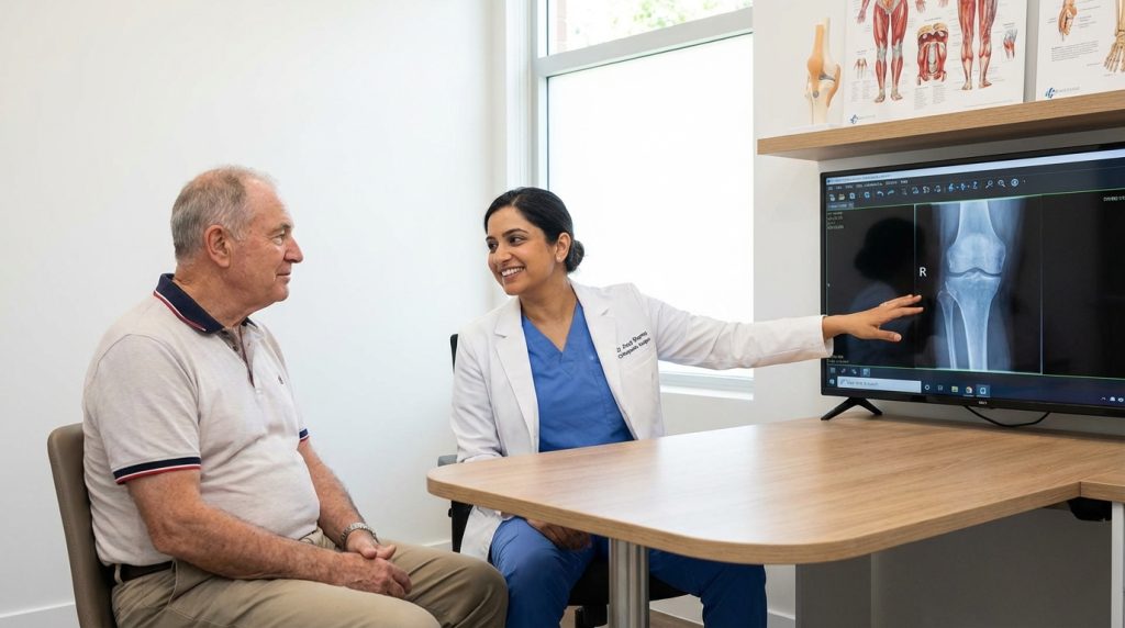 Female orthopaedic surgeon smiling and pointing to a knee X-ray on a screen while consulting with an older male patient in a modern clinic